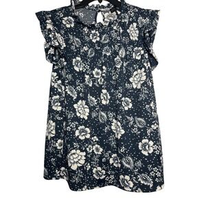 Fred David Women Navy Blue Floral Paisley Flutter Sleeve Smocked Top 1X